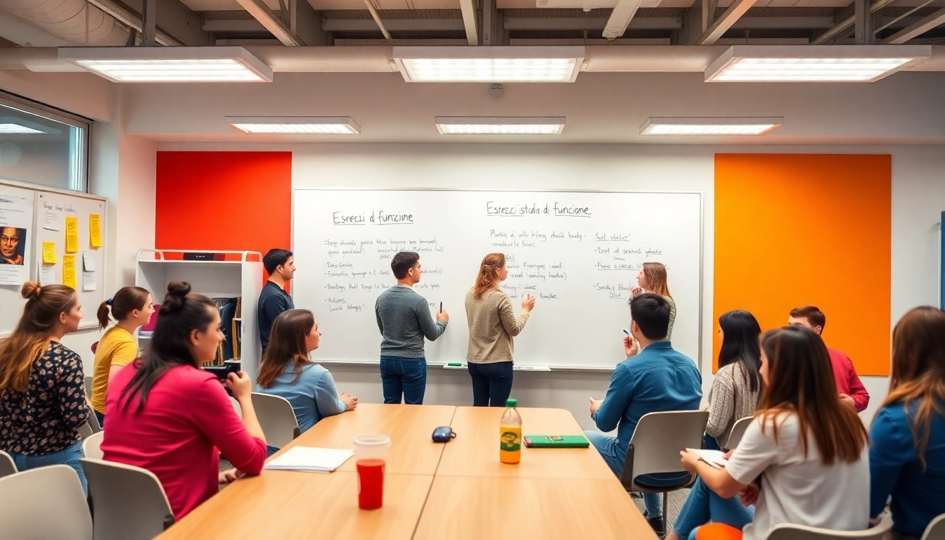 Students actively solving Esercizi studio di funzione exercises in a bright classroom environment.