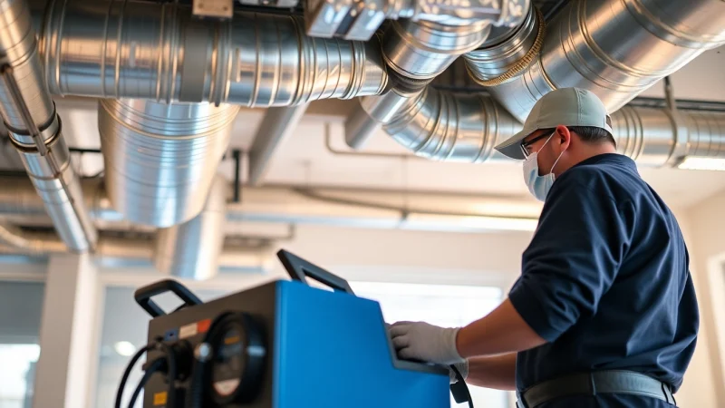 Technician performing air duct cleaning salt lake city for improved indoor air quality.