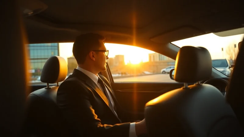 Professional chauffeur service Anchorage featuring a luxury sedan and city skyline at sunset.