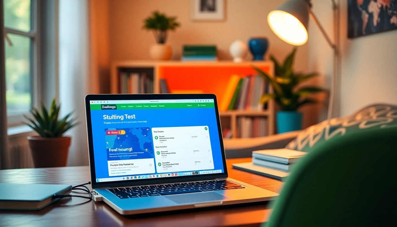 Student taking the Duolingo English practice test on a laptop in a cozy study environment.