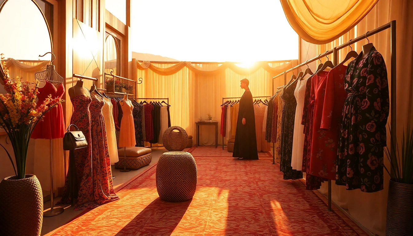 Showcasing Soleil Dor's luxury fashion collection in a warm, golden sunlight setting, highlighting its elegance.