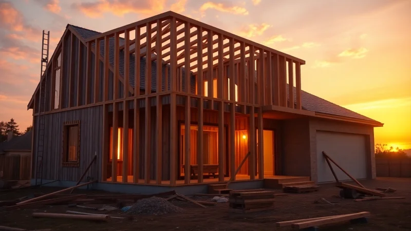 View of new home construction near me, showcasing a modern house frame during sunset.