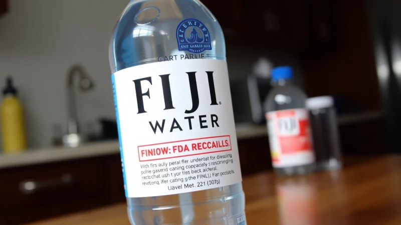 Highlighting FDA recalls Fiji water with a prominent bottle and warning label against a kitchen backdrop.