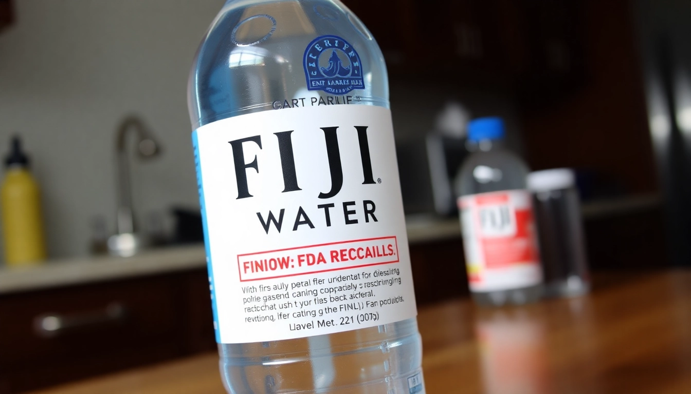 Highlighting FDA recalls Fiji water with a prominent bottle and warning label against a kitchen backdrop.