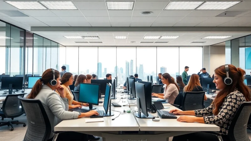 Boost productivity at a busy Tijuana call center with diverse agents engaging with clients.