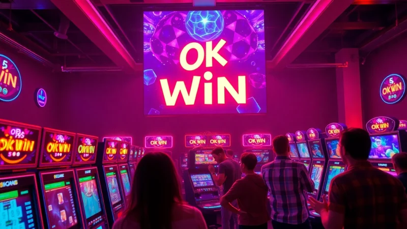 Excited players celebrate their OK Win in a vibrant gaming atmosphere with digital screens.