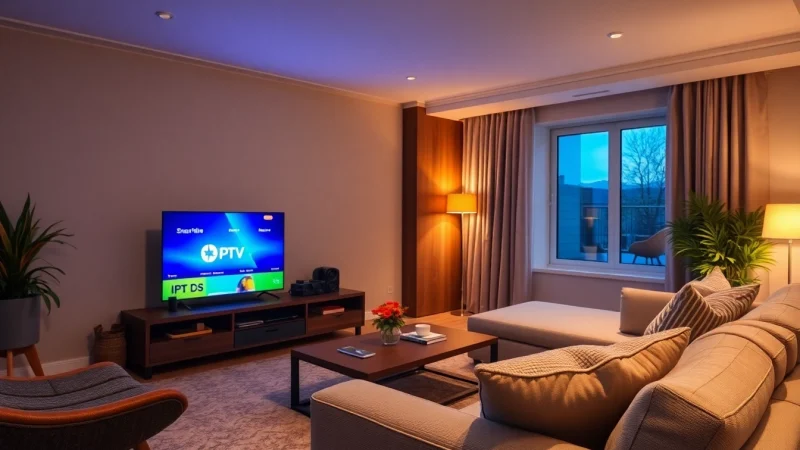 Watch IPTV Suisse seamlessly on a stylish living room TV setup with cozy ambiance.