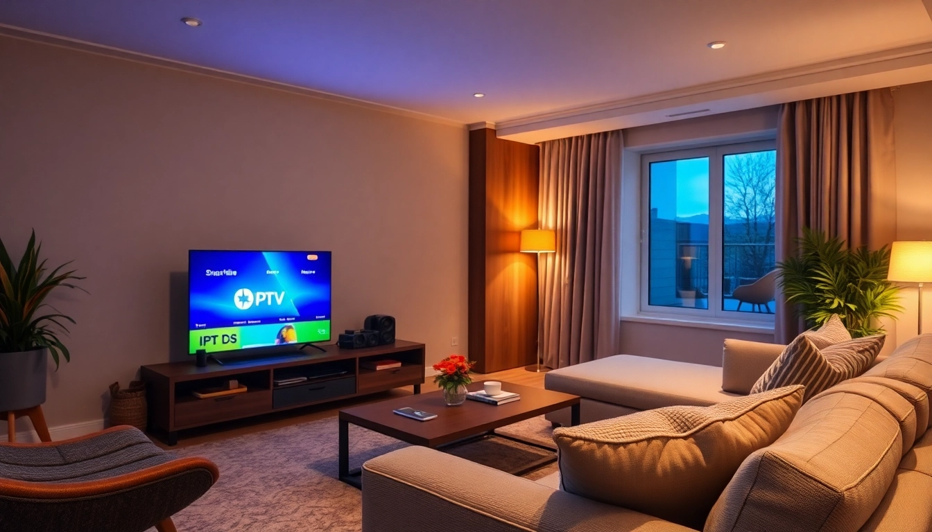 Watch IPTV Suisse seamlessly on a stylish living room TV setup with cozy ambiance.