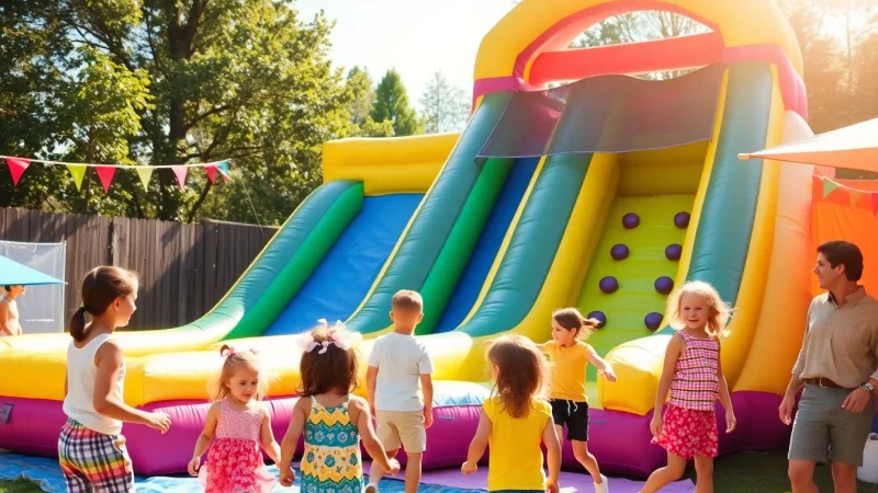 Children enjoying a thrilling slide rental at a summer party, showcasing vibrant colors and joy.