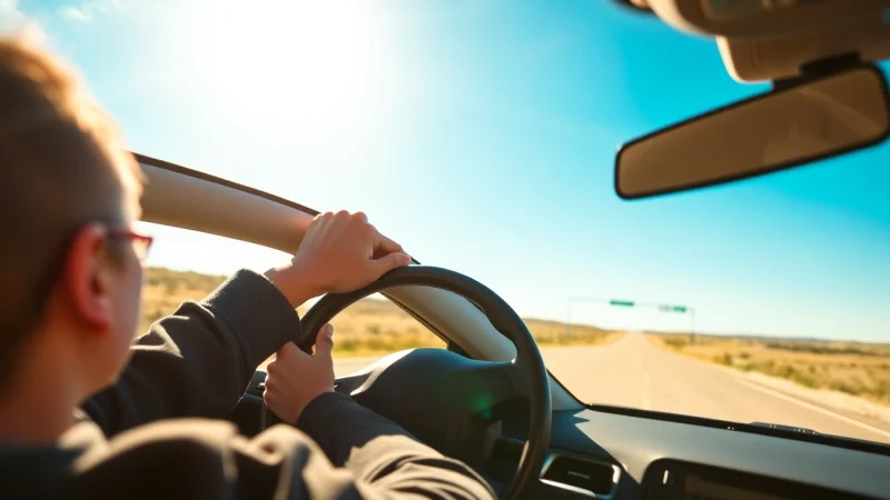 Overcome fear of driving with a confident driver on a sunny road, showcasing freedom.