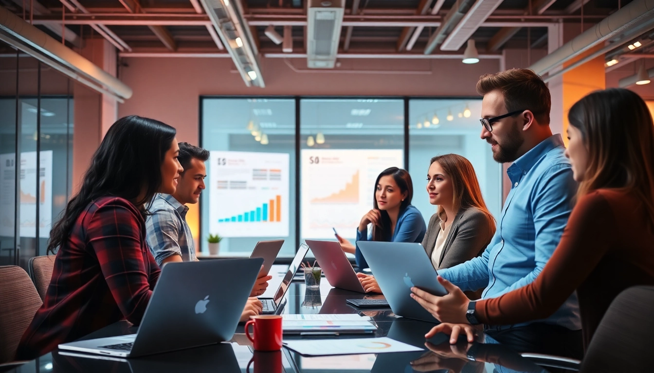 Professionals engaging in outsourcing strategies within a vibrant office setting.