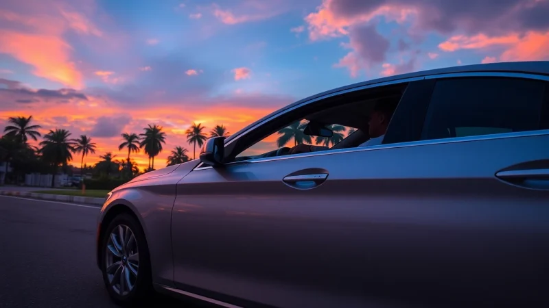 Experience a luxury hire car with driver in Accra, featuring a sleek design against a sunset backdrop.