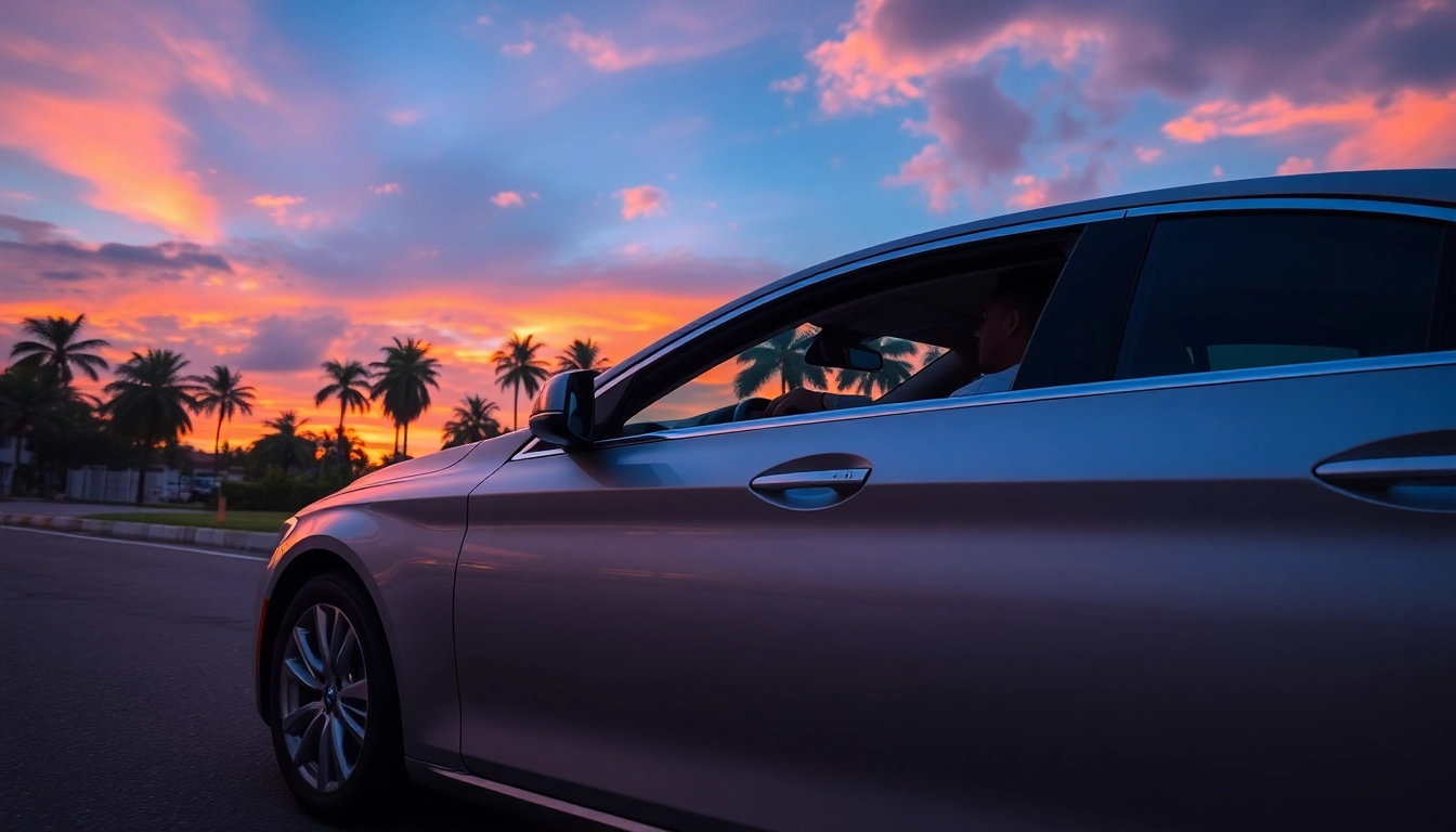 Experience a luxury hire car with driver in Accra, featuring a sleek design against a sunset backdrop.