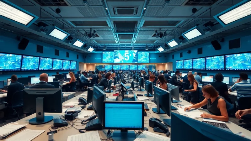 Dynamic newsroom scene showcasing reporters working on breaking News in a vibrant environment.