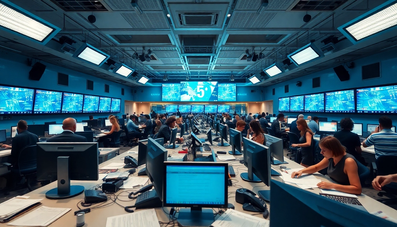 Dynamic newsroom scene showcasing reporters working on breaking News in a vibrant environment.