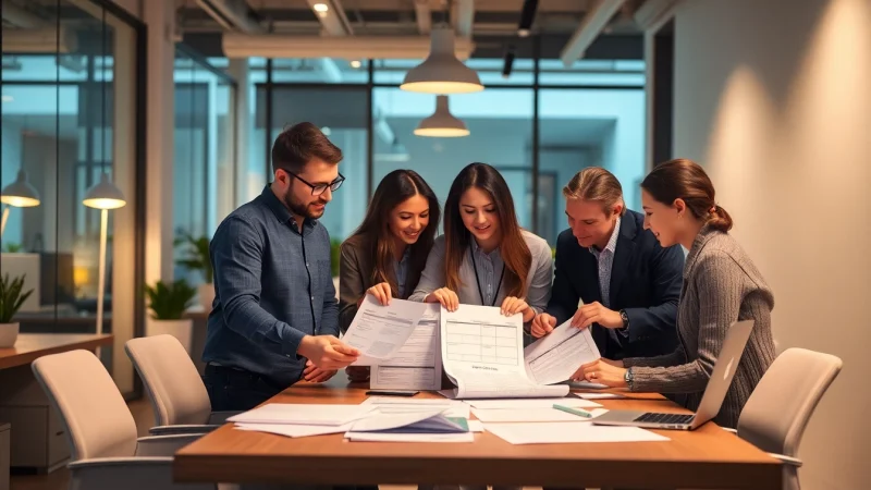 Team discussing daily payroll processes in a modern office setting, emphasizing collaboration and efficiency.