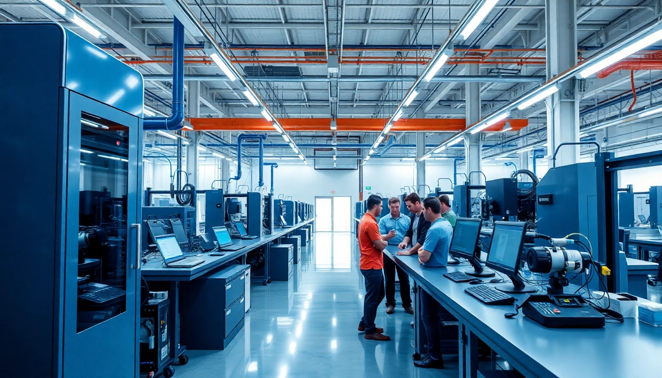 Modern digital industriel workspace featuring advanced machinery and collaborative teams.