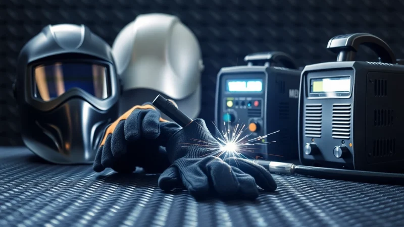 Explore welding supplies organized on a workshop table, highlighting safety gear and equipment for professional welders.