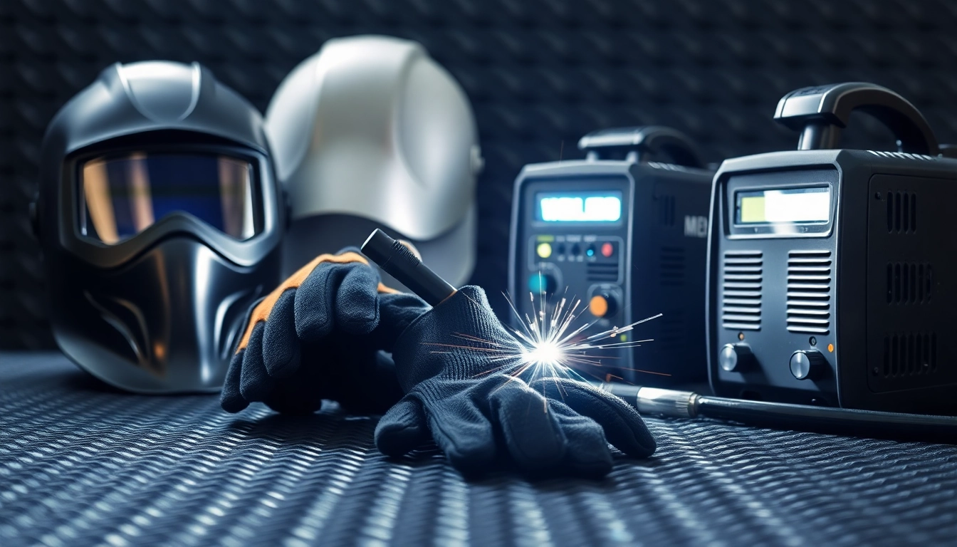 Explore welding supplies organized on a workshop table, highlighting safety gear and equipment for professional welders.