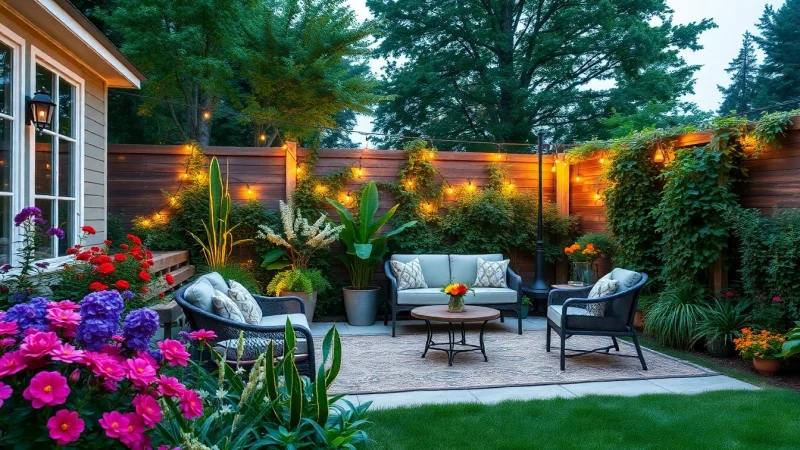 Garden transformation with vibrant flowers and cozy patio, offering More Info on outdoor design ideas.