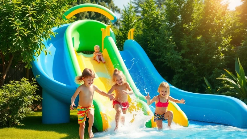 Children sliding down a Slip a Slide, splashing water joyfully in a sunny backyard.