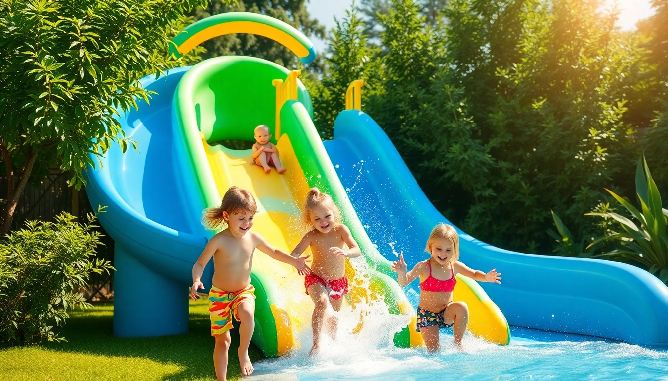 Children sliding down a Slip a Slide, splashing water joyfully in a sunny backyard.