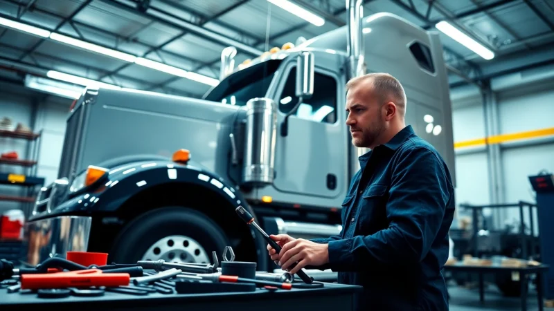 Expert mechanic performing Kenworth repair in a well-equipped garage, showcasing precision and efficiency.