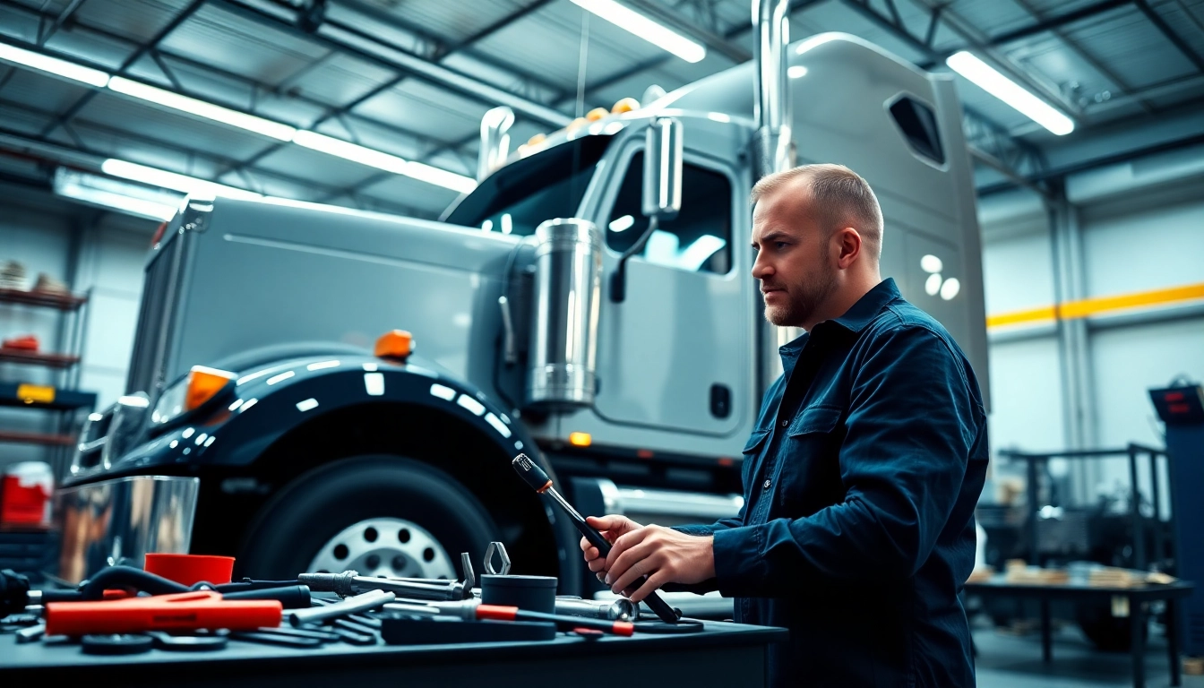 Expert mechanic performing Kenworth repair in a well-equipped garage, showcasing precision and efficiency.