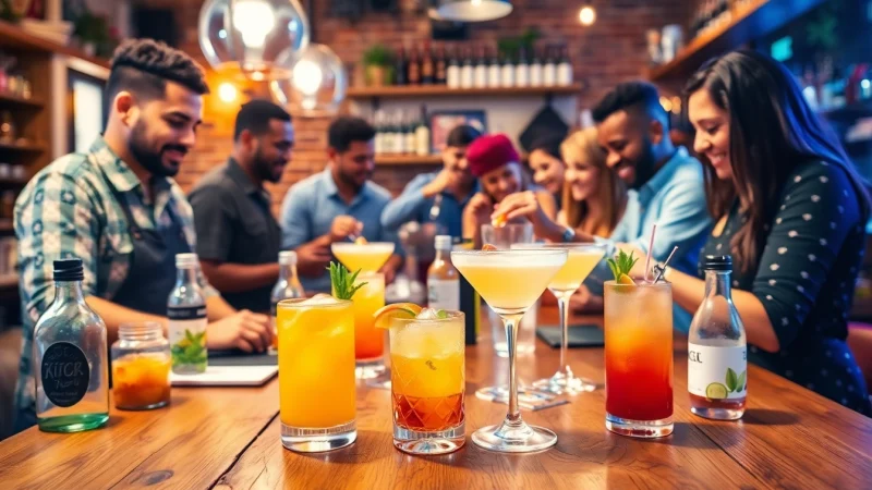 Participants enjoying a berlin cocktailkurs, mixing drinks and creating colorful cocktails in a lively atmosphere.