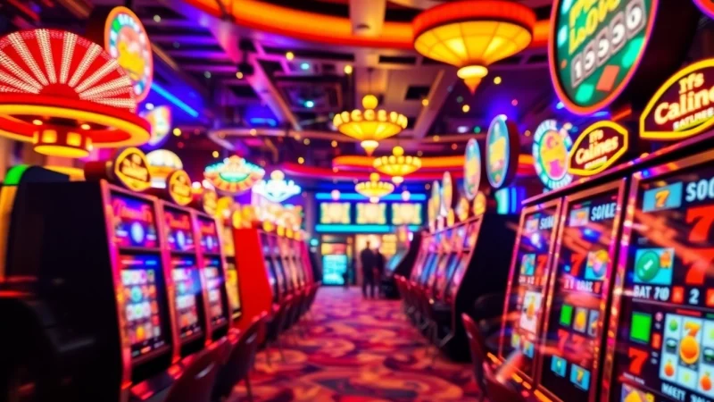 Engaging scene of a spinning slot machine representing totoslot excitement and lively casino environment.