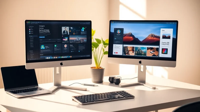 Setup for dual monitor install in a modern office showcasing productivity and organization.