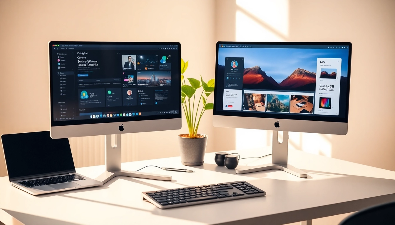 Setup for dual monitor install in a modern office showcasing productivity and organization.