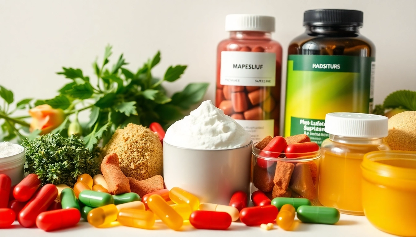 Showcasing dietary supplements like vitamins and capsules arranged attractively on a bright surface.