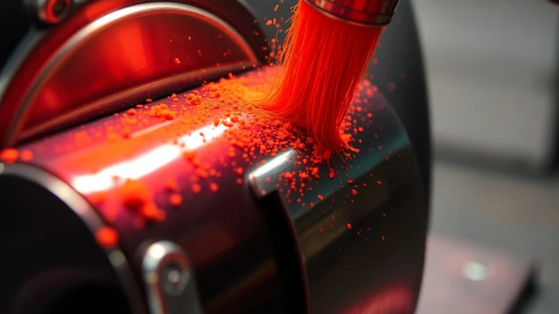 Watch the powder coating process as colorful powder seamlessly adheres to a metallic surface.