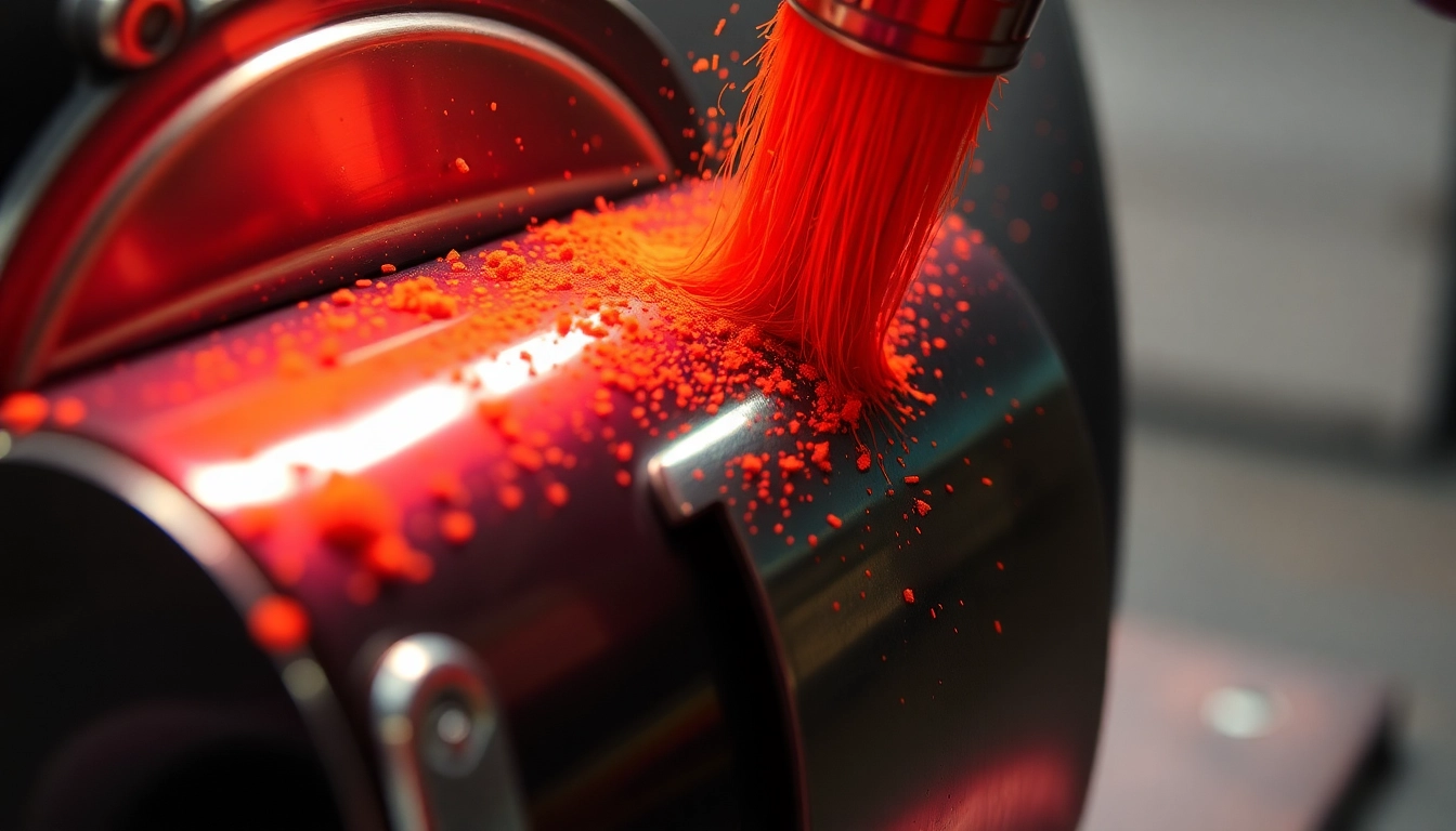 Watch the powder coating process as colorful powder seamlessly adheres to a metallic surface.