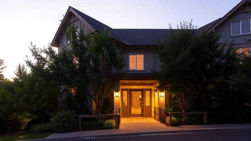 Enjoy beautiful evenings at Margaret Drive Residence, featuring a welcoming entrance surrounded by tranquil gardens.