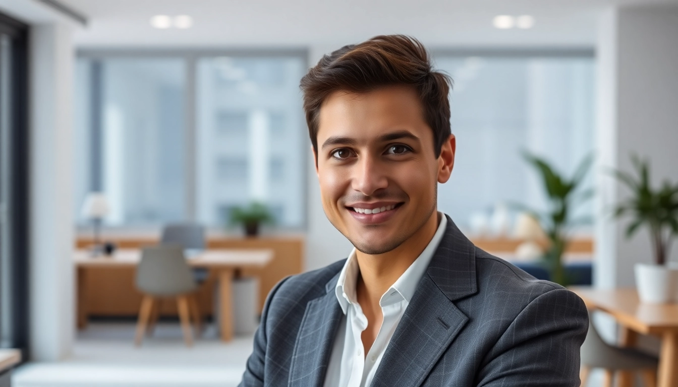 Capturing high-quality corporate headshots featuring a smiling professional in a well-lit office.