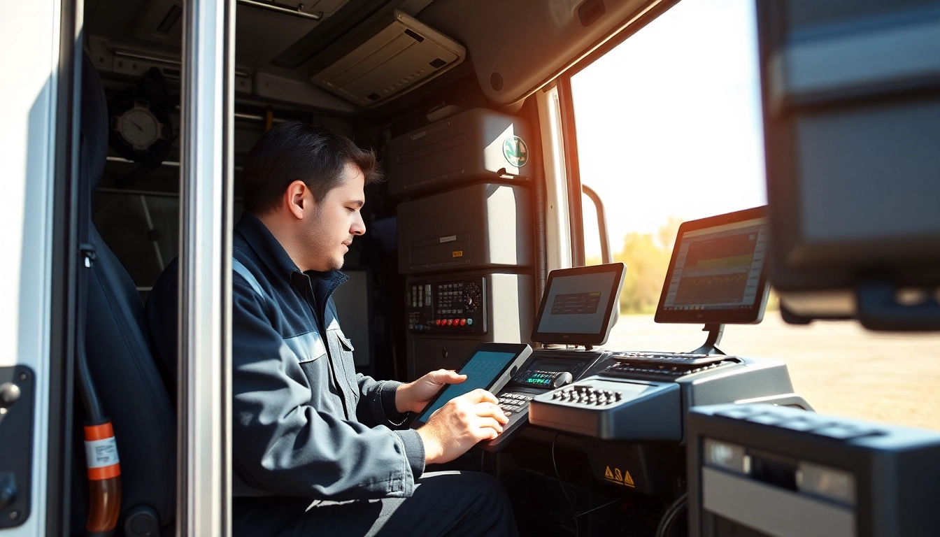 Mobile truck diagnostics near me: technician performing vehicle diagnostics with tools in a sunny outdoor setting.