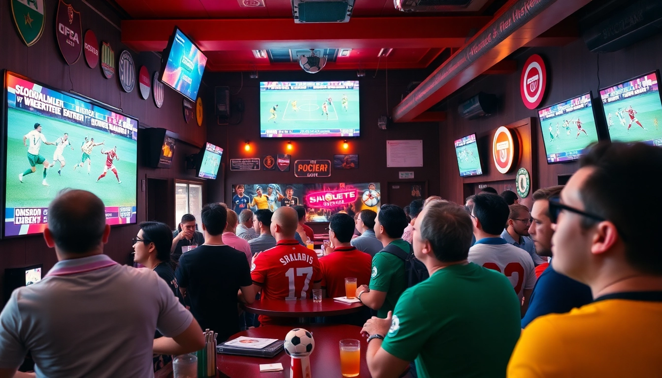 Watch live 스포츠중계 of thrilling soccer matches with excited fans in a vibrant sports bar setting.