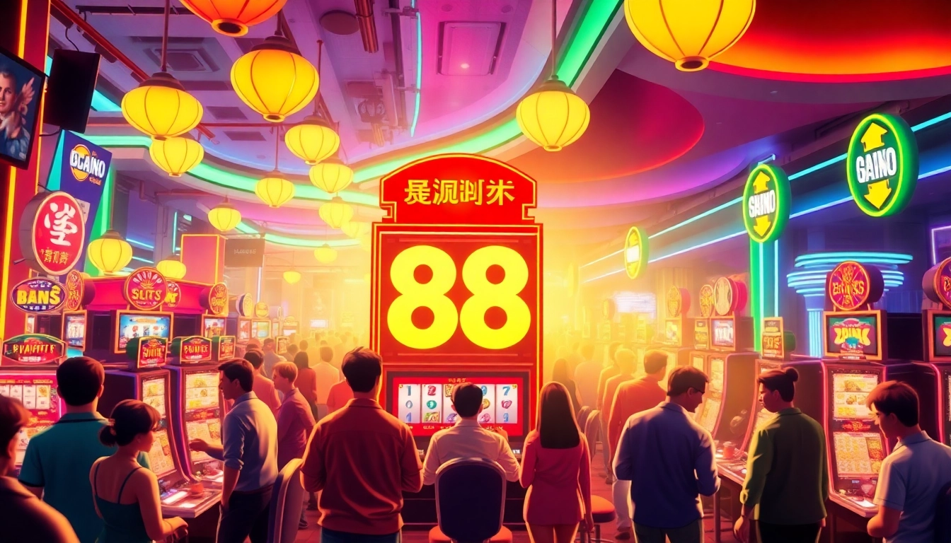 Engage with the thrilling สล็อต888 slot machine amidst a lively casino atmosphere featuring excited players.