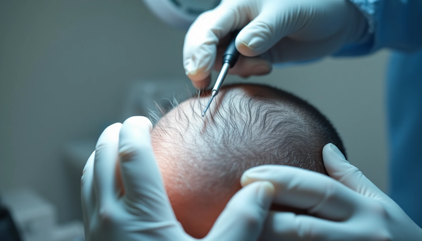 Experienced doctor performing a hair transplant, demonstrating precision and care in a clinical environment.