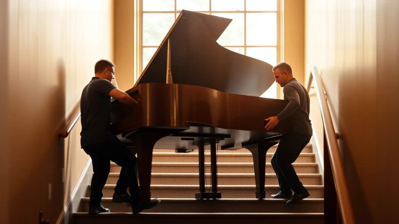 Expert pianos movers carefully transporting a grand piano down stairs, showcasing professionalism and care.