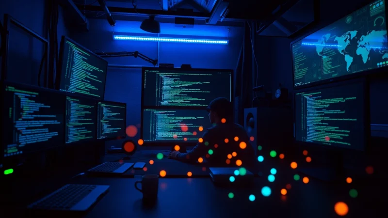 Hire a hacker with expertise in cybersecurity, showcasing a high-tech workspace monitoring potential threats.