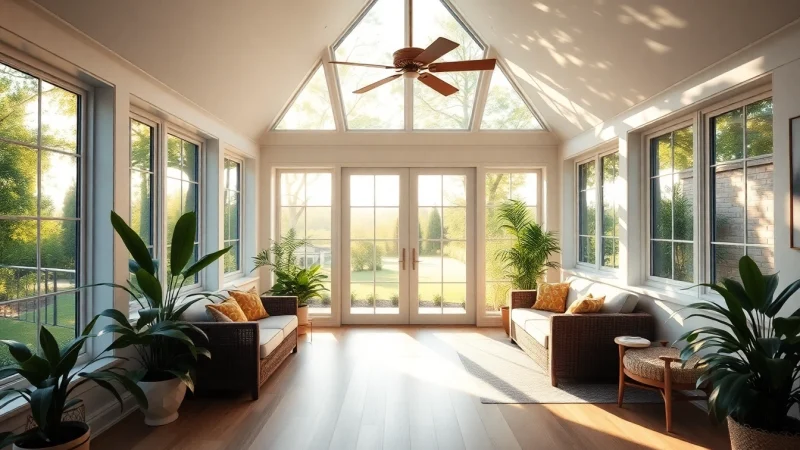 Enhance your living space with a sunroom addition that brings the outdoors in, featuring large windows and greenery.