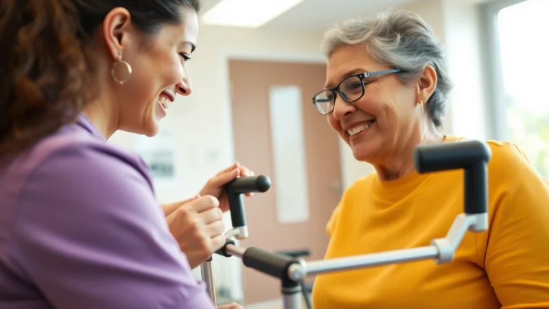 Occupational therapist assists patient with rehabilitation equipment in a bright clinic, showcasing their role as a Rehabilitation Equipment Supplier.