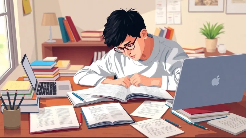 Focused student reviewing the ISAT EXAM syllabus with books and notes on a study desk.