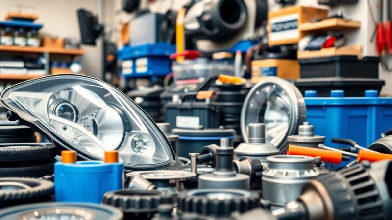 Showcasing various byd parts, including headlights and engine components in a professional automotive setting.