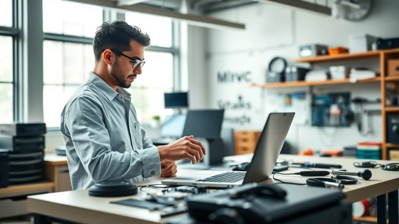 Riparazione pc torino con un tecnico esperto che ripara un laptop in un ambiente professionale.