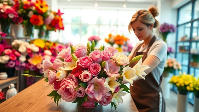 A skilled Irvine florist arranging a beautiful bouquet in a vibrant flower shop.