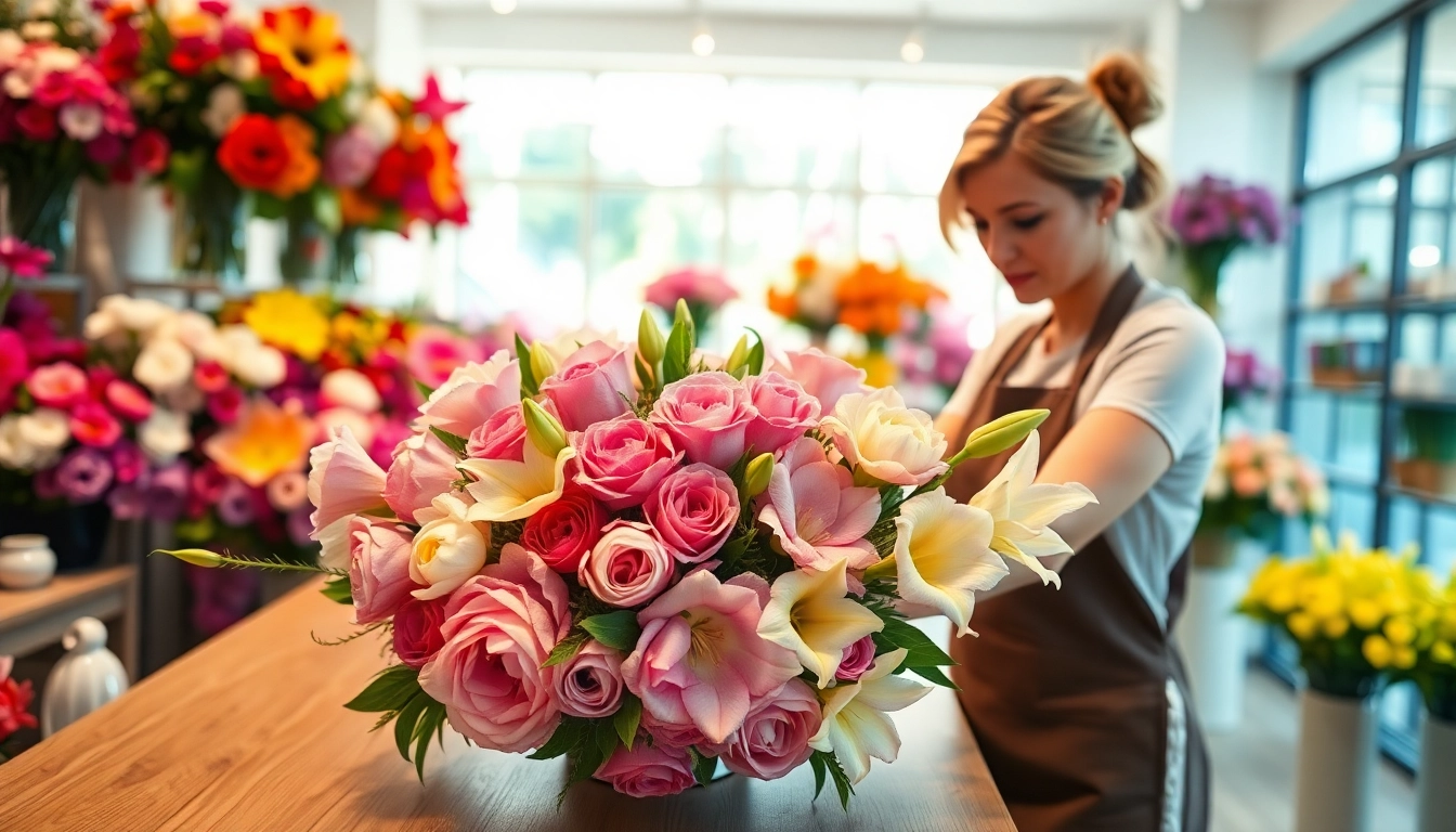 A skilled Irvine florist arranging a beautiful bouquet in a vibrant flower shop.